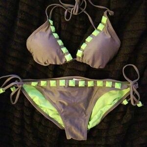 Y2K Xhilaration MD Neon Green and Gray Bikini Set